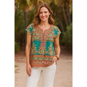 CALYPSO St Barth Blue Pink Pattern T Shirt Top Tee  Women's Size Medium